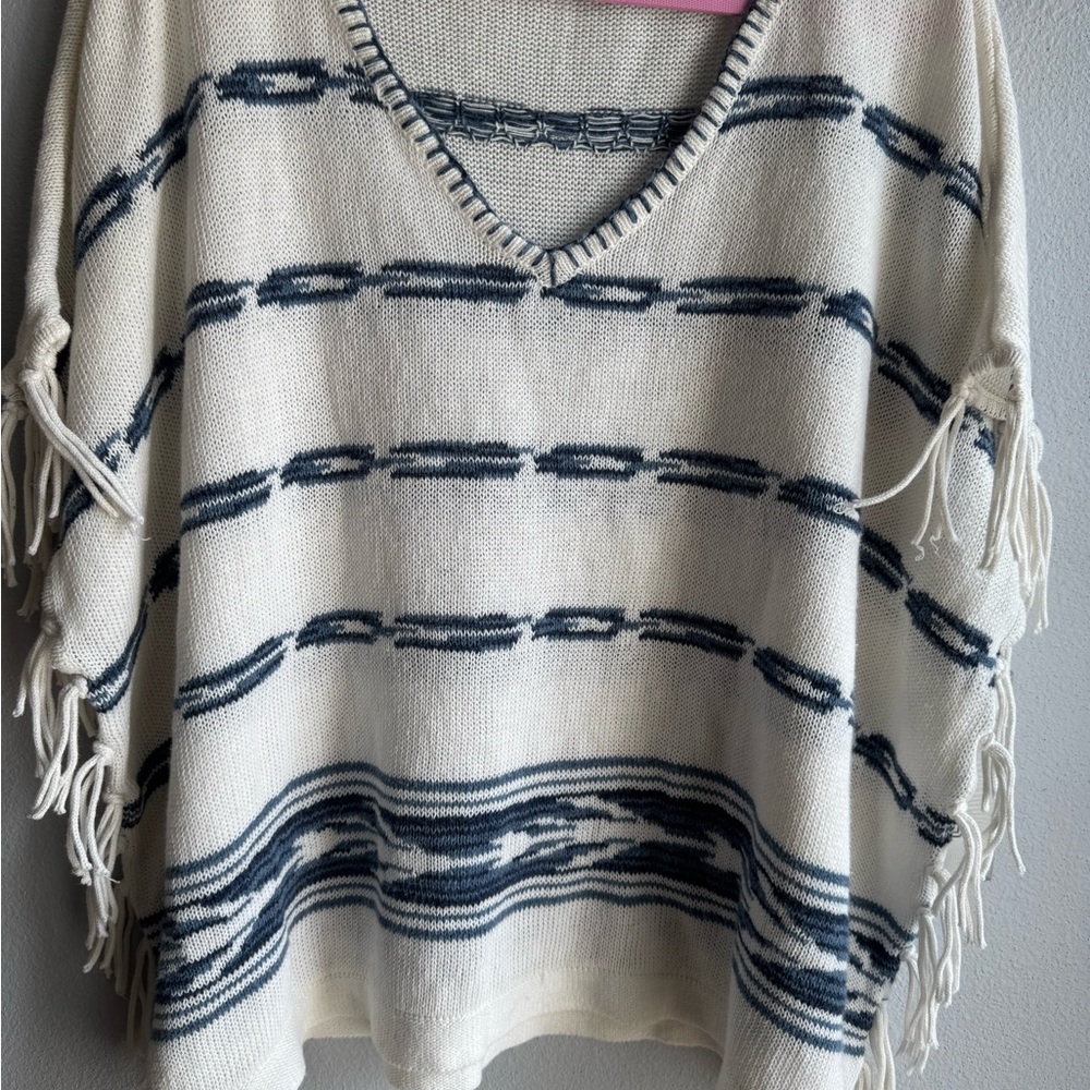 Chaps Navy and Cream V-Neck Sweater with Fringe